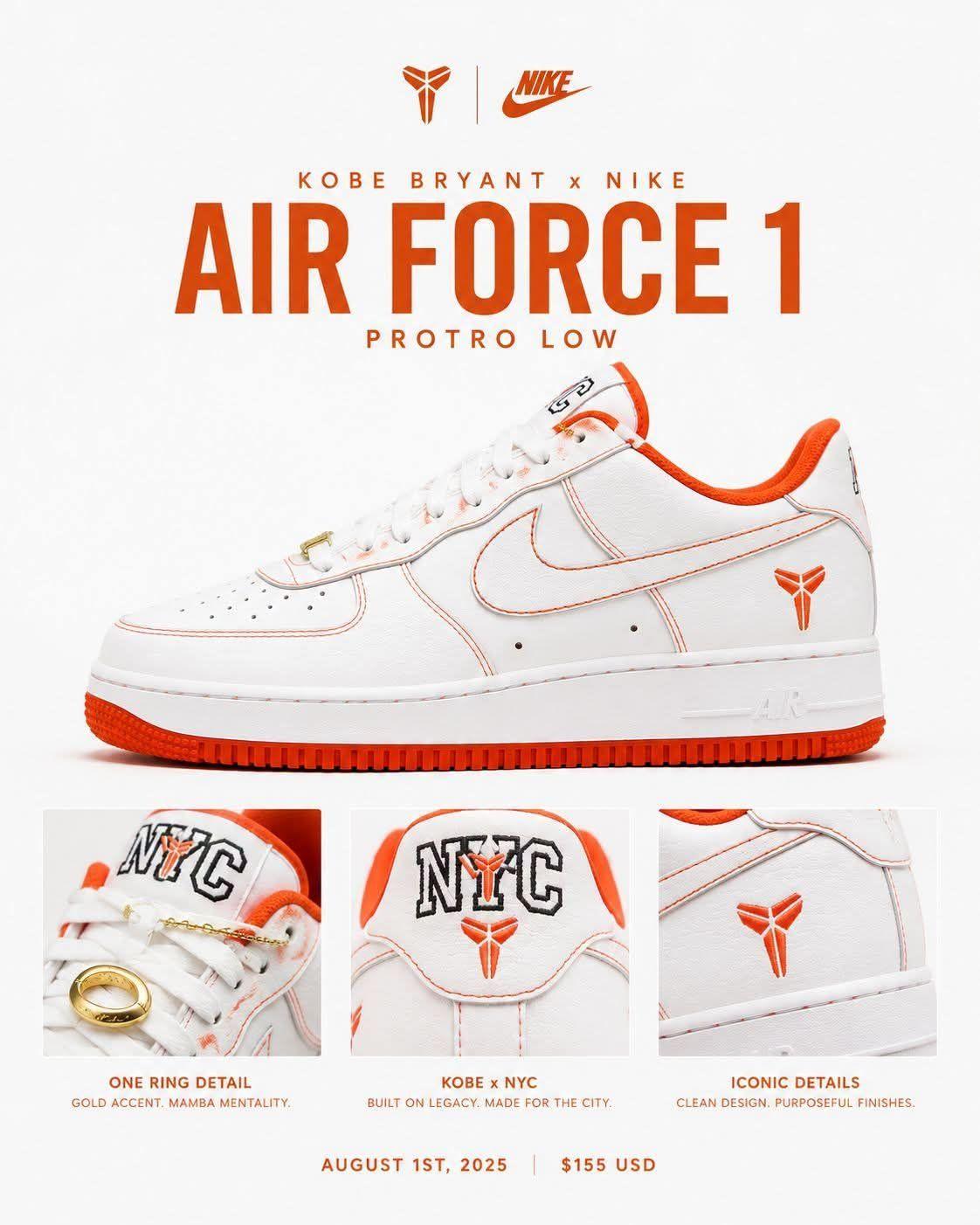 Kobe × Nike Air Force 1 官方定档!这双白橙曼巴AF1细节杀疯